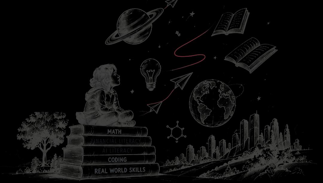 A child sitting cross-legged on a stack of books labelled math, financial literacy, AI literacy, coding and real world skills, looking up at a planet, open books and a globe