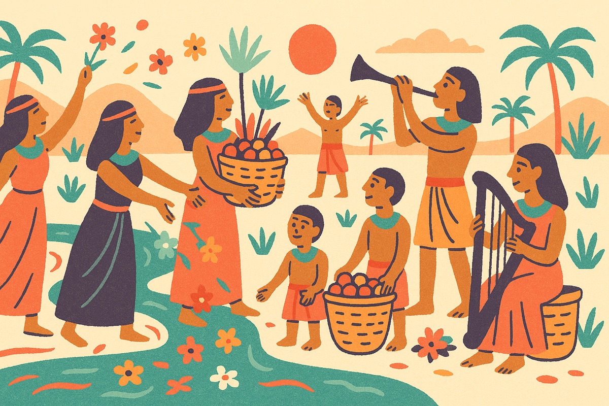 Ancient Egyptians celebrating the Nile flood, throwing flowers into the water