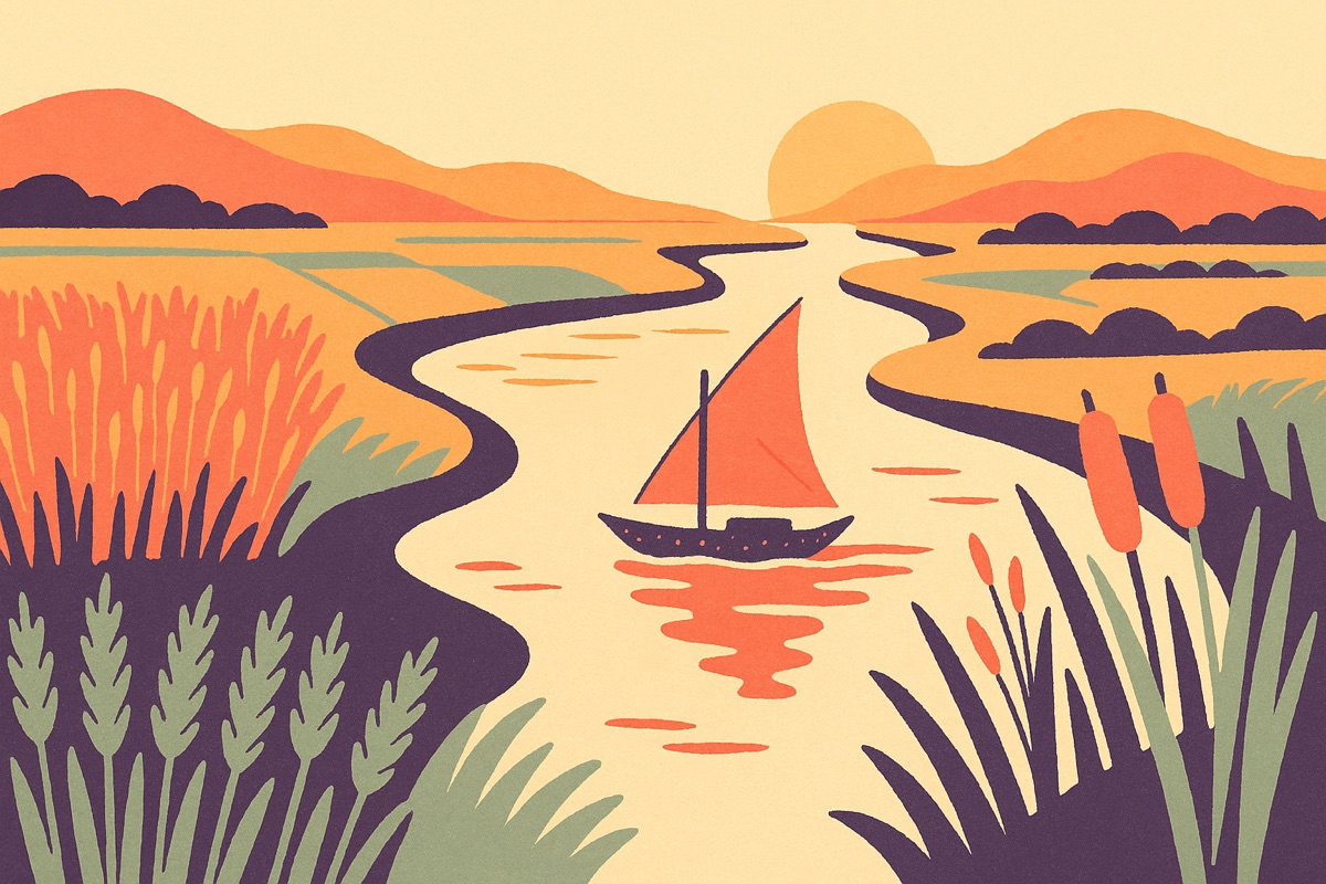 The Nile river flowing through green farmland with a small sailboat